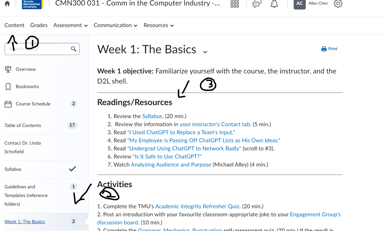 Week 1 Content showing Readings/Resources section with list of required readings including Syllabus, your instructor's Contact tab, and several articles about ChatGPT