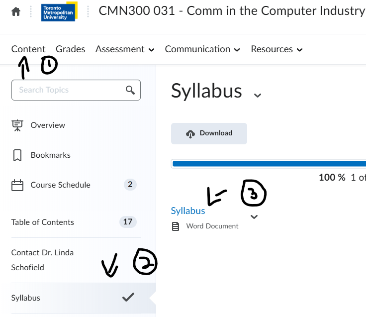 Syllabus page showing download button and Word Document format